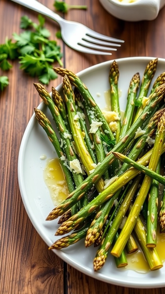 A vibrant dish of roasted asparagus with garlic and parmesan on a rustic table.